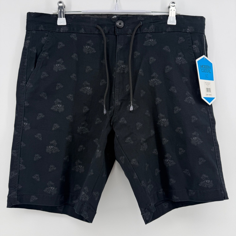 Modern Culture Shorts Mens 32 Black Skull Rose Print Stretch Drawstring NWT